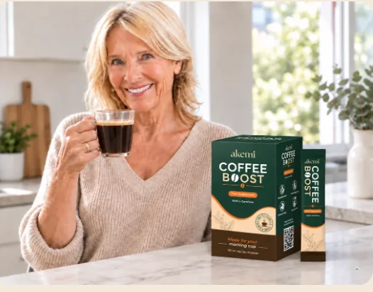 Woman enjoying her morning coffee with Akemi Coffee Boost