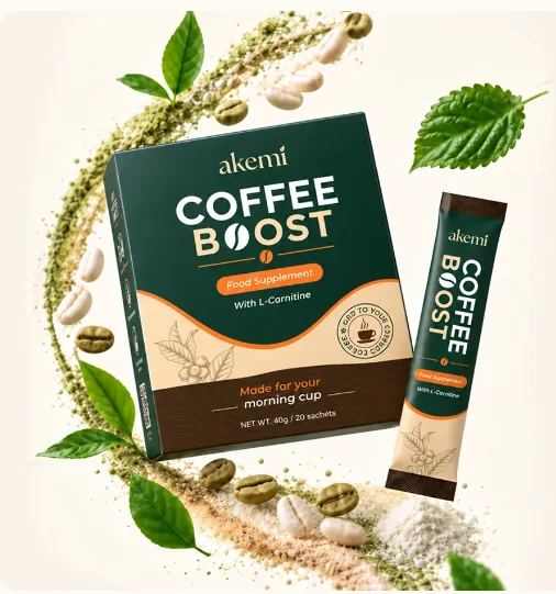 Akemi Coffee Boost box and sachet with green coffee beans and green tea leaves